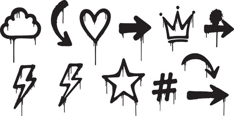 Collection of black graffiti drip icons and street art symbols vector isolated on white
