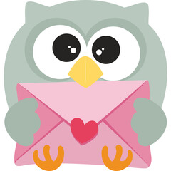 Cute Cartoon Owl Character Holding a Pink Envelope Decorated with a Red Heart Symbol Against a White Background Ideal for Valentine's Day or Love Greetings