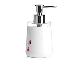 Obraz premium Modern liquid soap dispenser with floral design, chrome pump, white background
