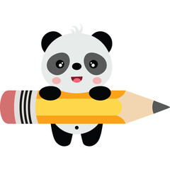 Cute Cartoon Panda Holding a Large Yellow Pencil With a Transparent Background Simple Illustration