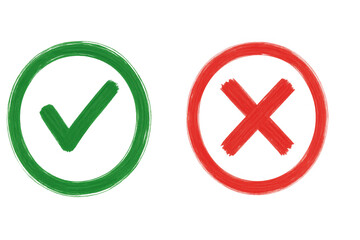 Fototapeta na wymiar Green tick mark in a circle and red x mark in a circle as brush strokes, indicating correct or incorrect choice