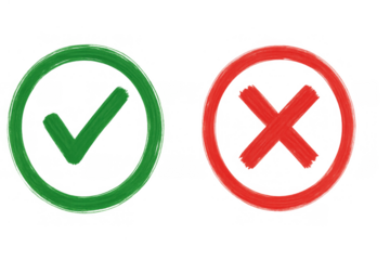 Green tick mark in a circle and red x mark in a circle as brush strokes, indicating correct or incorrect choice