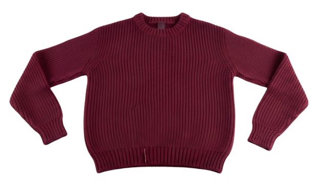 Deep red knit pullover garment displays prominent vertical ribbing texture against a solid black background