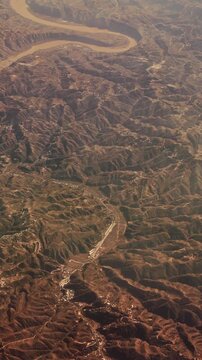 China. View From Airplane Window On Yongding River. Largest River To Flow Through Beijing. Aerial View On Mountainous Terrain. Mountainous Landscape. Wuding River Or Unfixed River Because Its Flow Was