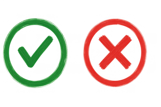 Green tick mark in a circle and red x mark in a circle as brush strokes, indicating correct or incorrect choice