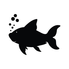 Black silhouette of a happy cartoon fish swimming underwater with bubbles, fish playing with bubbles silhouette vector illustration