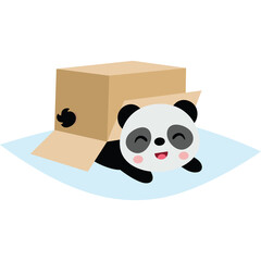 Cute Cartoon Panda Peeking Out From a Cardboard Box on a Light Blue Surface With a Transparent Background