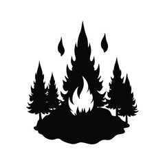 Silhouette of a bonfire surrounded by trees, a camping scene in nature, forest campfire silhouette vector illustration