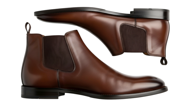 Polished brown leather ankle boots float against a solid dark background in a creative presentation.