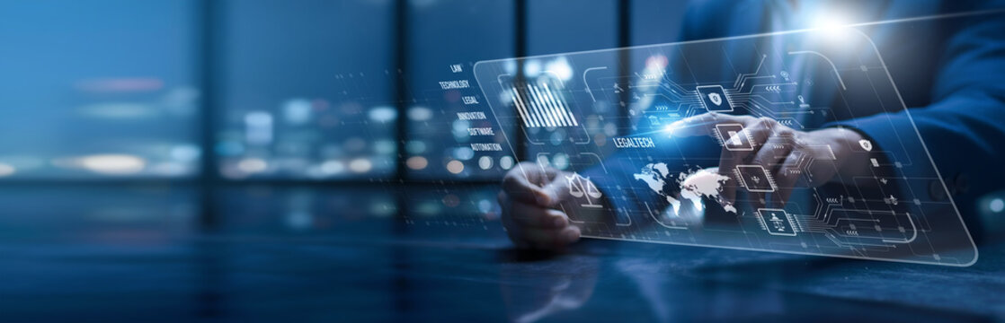 LegalTech. Lawyers using a modern interface to manage LegalTech solutions. AI-powered tools streamline case management, automate documentation, and ensure legal efficiency.