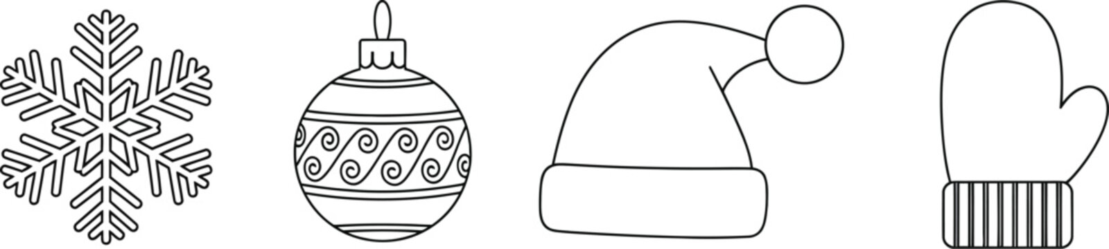 Christmas and new year line art icon set with snowflake, ball, santa hat, and mitten