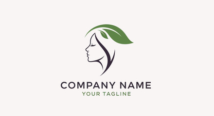 Natural beauty logo with a womans face in profile and a green leaf in her hair.