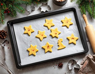 Overhead shot of baking sheet with star and tree-shaped cookies