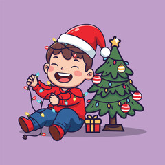 Cute Cartoon Child Tangled in Christmas Lights Beside Tree – Vector Illustration of Whimsical Holiday Fun