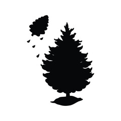 Two evergreen trees with falling needles in a monochrome black silhouette image, pine cone falling from tree silhouette vector illustration