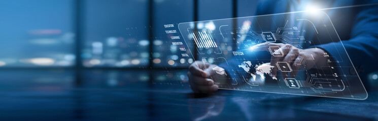 EdTech. Educators using a modern interface to deliver EdTech learning content. Interactive platforms promote engagement, accessibility, and innovation in digital education systems.