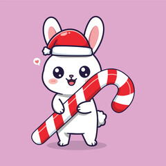 Cute Cartoon Bunny in Santa Hat Holding Candy Cane – Vector Illustration of Whimsical Holiday Character