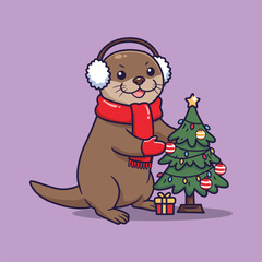 Cute Cartoon Otter in Winter Outfit Beside Christmas Tree – Vector Illustration of Whimsical Holiday Scene