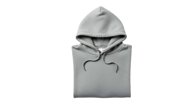 Plain gray hooded garment is neatly folded and displayed against a solid dark background