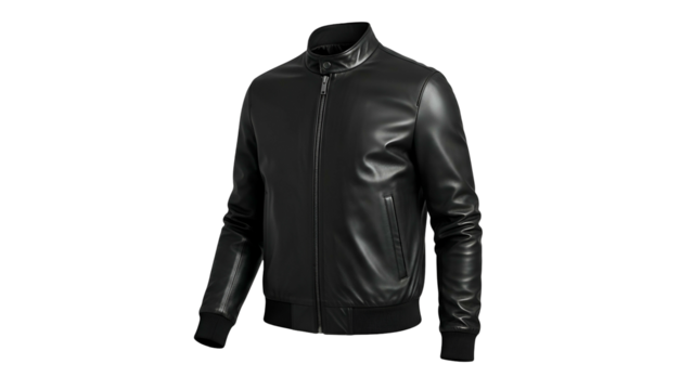 Sleek black leather bomber style outer garment displayed against a dark background