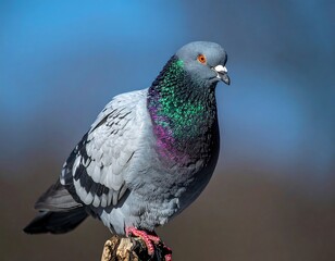 Close-up of a pigeon with iridescent neck feathers against a blurred background