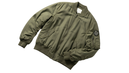 Olive drab flight jacket lies diagonally on a stark black background