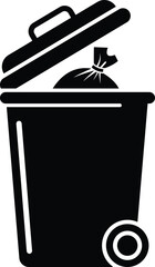Black Silhouette of a Trash Can with Open Lid and Bag Icon