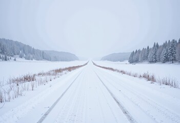 Fototapeta premium Endless Snowy Road Stretching Through Winter Wonderland Flanked by Snow-Covered Trees and Tranquil Countryside Under Overcast Sky