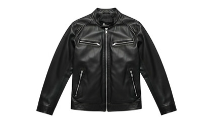 Sleek black faux leather motorcycle style outerwear presented against a solid dark background