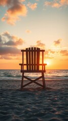 Beach Serenity at Sunset: A lone lifeguard chair stands sentinel on a tranquil beach, silhouetted against a fiery sunset over the ocean. Capture the sense of peace and beauty that nature bestows.