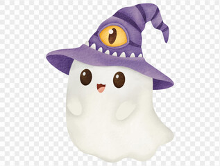 Cute ghost with purple witch hat and eye, watercolor Halloween illustration vector.
