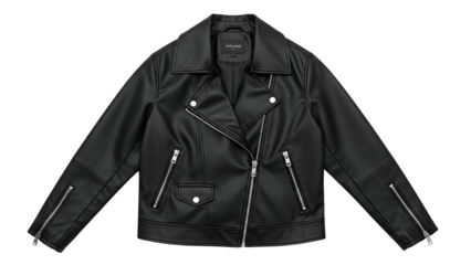 Classic black faux leather motorcycle style outerwear piece displayed against a solid dark background