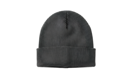 Knitted dark gray  headwear item displayed against a solid black background