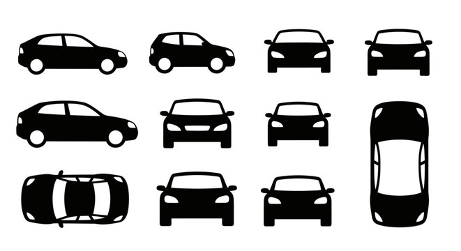 Collection of black silhouette cars in various views for automotive design and graphics isolated on white background