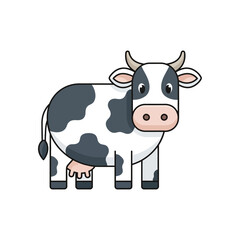Cute cartoon holstein friesian cow with black and white patches and udders farm animal isolated on white background