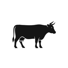 Fototapeta premium Silhouette of a standing dairy cow with horns and udder symbolizing agriculture and livestock production isolated on white background