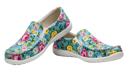 Pair of casual slip-on shoes displays vibrant floral pattern against a solid dark background