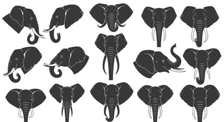 Collection of stylized dark elephant heads and silhouettes diverse poses and angles isolated on white background