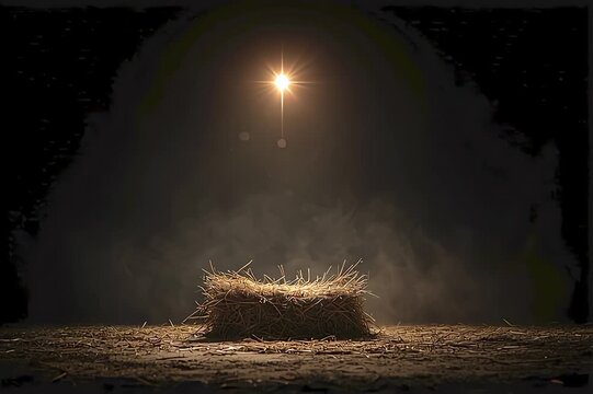 A nativity scene featuring an empty manger illuminated by a single bright star above