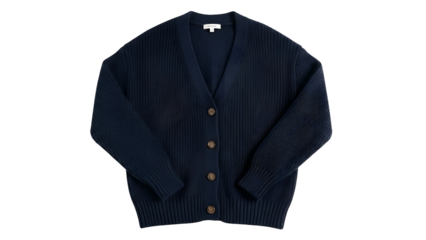 Knitted navy blue woolen pullover sweater featuring buttons and a v-neck design is isolated on black