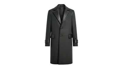 Formal long overcoat rendered in dark material displayed against a solid black background
