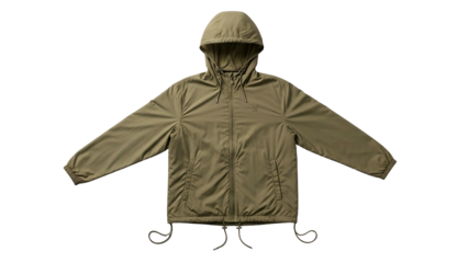 Lightweight outerwear garment with adjustable hood and hem displayed against a dark background