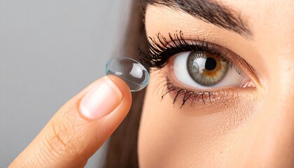 Nahaufnahme einer Frau, die Kontaktlinsen in ihre Augen einsetzt