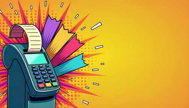 Payment terminal with receipt on colorful background in pop art style  