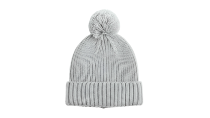 Knitted winter headwear with a fluffy pompom detail centered against a solid black background