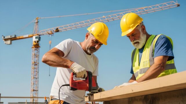 Two construction worker using sander on wood at construction site outdoor