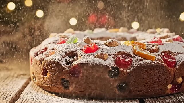 Christmas fruitcake being dusted with powdered sugar