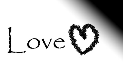 Hand-Drawn Love Text with Grunge Heart Symbol, Black and White Sketch Vector, Rough Chalk Valentine's Message.