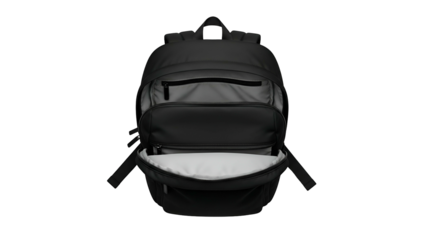 Modern black utility backpack displays open compartments against a dark backdrop