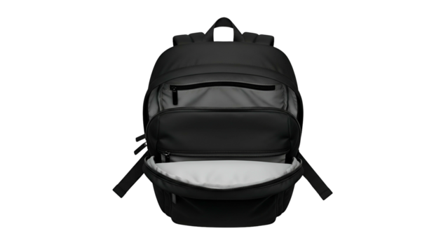 Modern black utility backpack displays open compartments against a dark backdrop